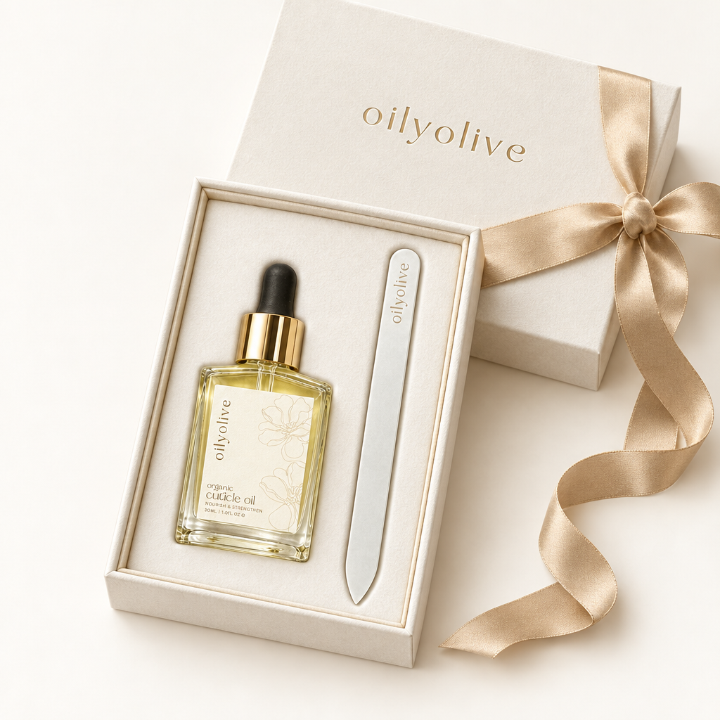 Oily Olive gift set with ribbon and gold-embossed box