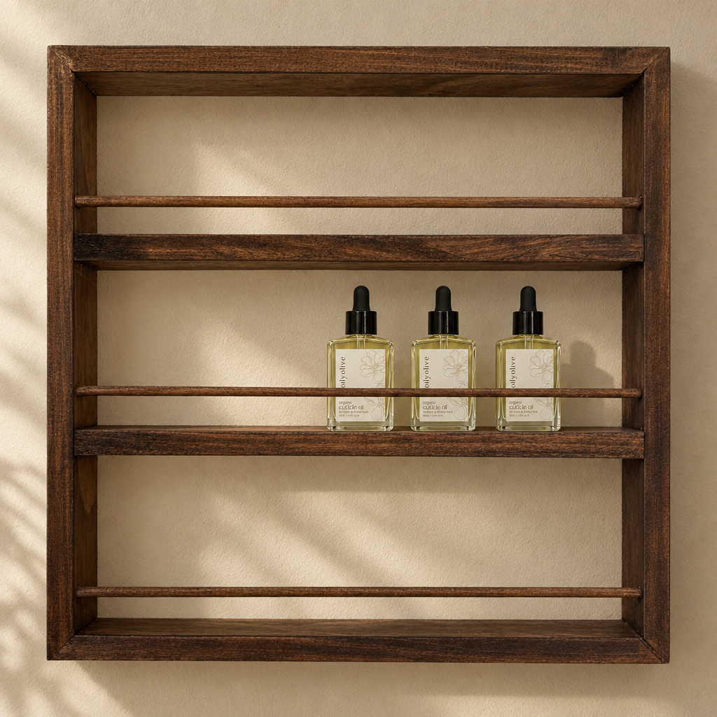 Three Oily Olive cuticle oil bottles styled on the dark wooden wall shelf